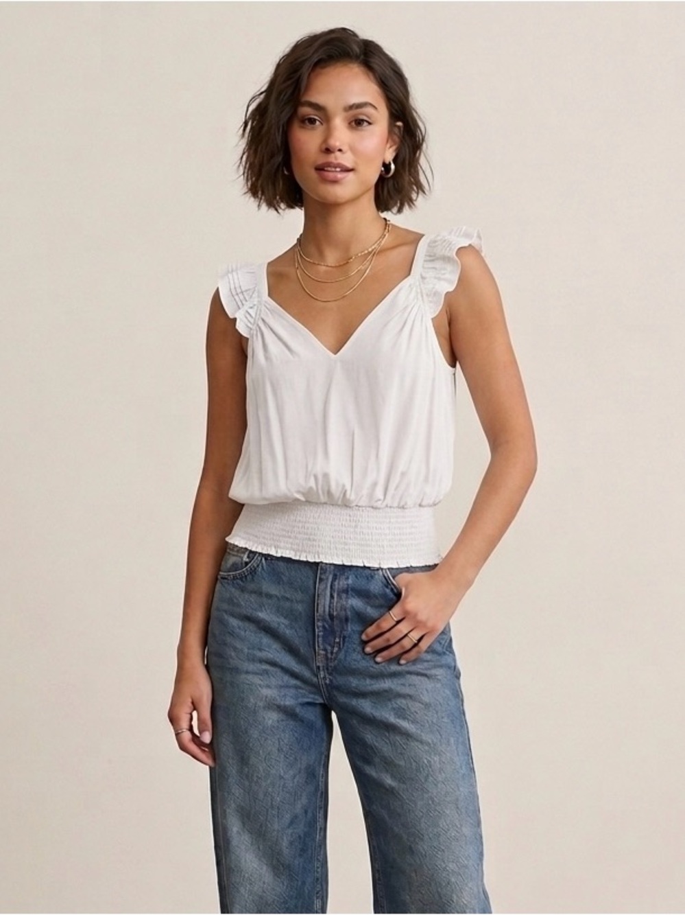 NWT Ramy Brook Diore Ruffle Sleeve Smocked Tank Top White Size XS